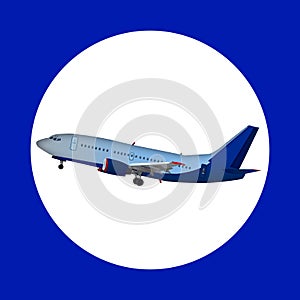 Airplane taking off isolated on blue sky. Realistic flying plane