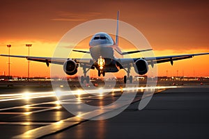 Airplane taking off or landing on runway at airport during sunset.