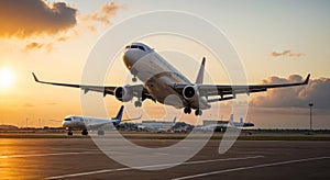 Airplane taking off, landing on runway at sunset. Travel, holiday, business concept. Passenger airplane taking off at sunrise