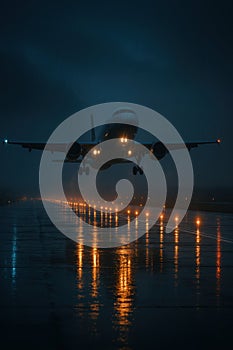 Airplane Taking Off in Rainy Night