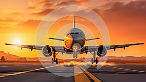 Airplane taking off in the rays of the setting sun. Runway shot of plane taking off at sunset. Generative AI