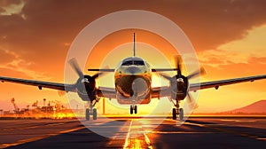 Airplane taking off in the rays of the setting sun. Runway shot of plane taking off at sunset. Generative AI