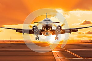 Airplane taking off in the rays of the setting sun. Runway shot of plane taking off at sunset. Generative AI