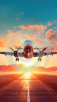 Airplane taking off in the rays of the setting sun. Runway shot of plane taking off at sunset. Generative AI