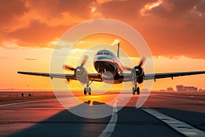 Airplane taking off in the rays of the setting sun. Runway shot of plane taking off at sunset. Generative AI
