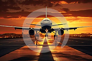 Airplane taking off from the runway at sunset. 3D rendering, A large jetliner taking landing an airport runway at sunset or dawn