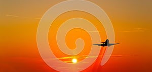 Airplane taking off at sunset. Silhouette of a big passenger or cargo aircraft, airline. Transportation