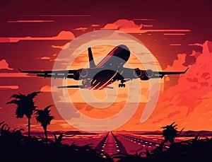 An airplane taking off, sunset, travel concept. Generative AI
