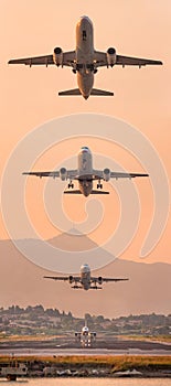 Airplane taking off. Vertical panorama