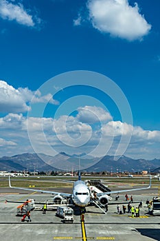 Airplane at the terminal gate ready for takeoff