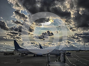 Airplane at the terminal gate ready for takeoff