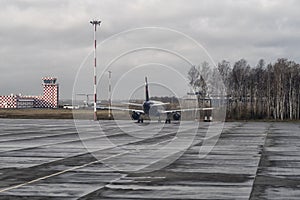 Airplane at the terminal gate ready for takeoff