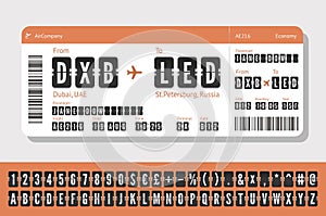 Airplane Ticket with airport typeface. Flight coupon with air terminal font. Airline trip vector card