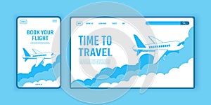 Airplane ticket template or landing page design, banner with flying airliner in sky