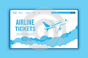 Airplane ticket template or landing page design, banner with flying airliner in sky