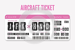 Airplane Ticket template. Pink flight card with destination in Tokyo, Japan. Vector Boarding pass