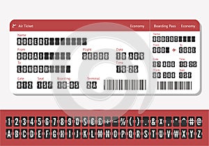 Airplane ticket vector mockup with scoreboard alphabet. Flight card with boarding pass