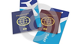 Airplane tickets between pages of the international passports for flight travel