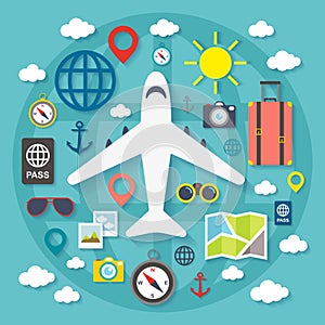 Airplane, Time to travel stickers, Vacations time, Journey in holidays, Vector Illustration Flat Style.