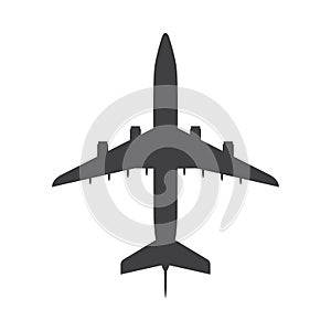 Airplane top view icon. Aircraft, passenger plane with four jet engines.