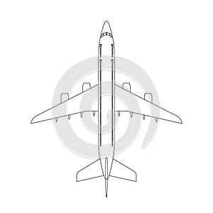 Airplane top view icon with trendy line or outline stroke style. Aircraft, passenger plane with four jet engines.