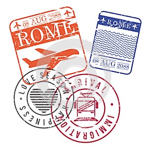 Airplane and train travel stamps of rome in colorful silhouette