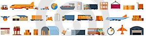 Airplane transport logistics icons set cartoon vector. Vehicle delivery cargo