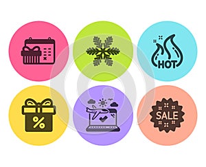 Airplane travel, Christmas calendar and Hot sale icons set. Discount offer, Snowflake and Sale signs. Vector
