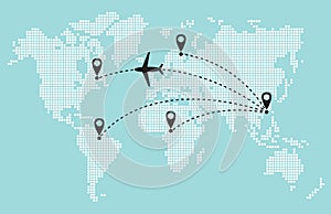 Airplane travel. Circle pattern world map. The plane flies along a trajectory from Asia to America.