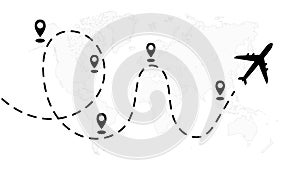 Airplane travel concept with map pins , Air plane flight route , world tour concept .