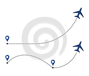 Airplane travel concept with map pins, GPS points. Line path icon. Flight start point icon