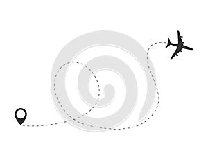 Airplane travel concept. Plane with destinations points and dash route line.