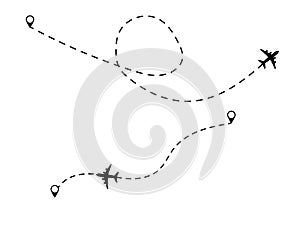 Airplane travel concept. Plane with start point and route line. Vector