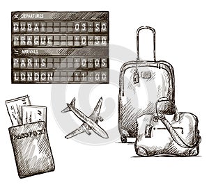 Airplane travel doodles. Hand drawn. Vector.