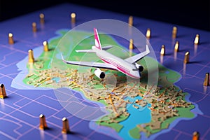 Airplane travel GPS navigation, 3D world map icon with pins