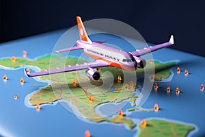 Airplane travel GPS navigation, 3D world map icon with pins