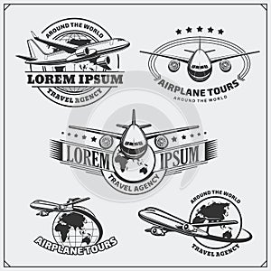 Airplane travel labels, emblems, badges and design elements. Vintage style.