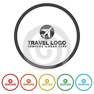 Airplane travel logo design template. Set icons in color circle buttons