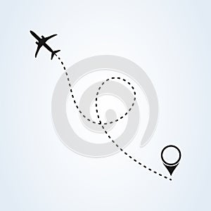 Airplane travel route icon illustration in line design style. Flight location pin sign