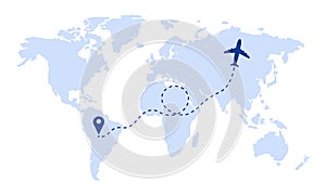 Airplane travel route with start point concept on world map.