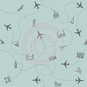 Airplane Travel and tourism locations Landmark background, card