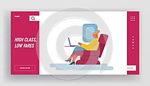 Airplane Traveling Website Landing Page. Young Business Woman Working on Laptop in Plane. Passenger Using Airline