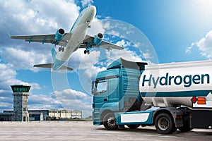 Airplane and truck with hydrogen tank trailer