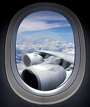 Airplane turbine engine from window view angle