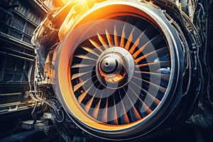 Airplane turbine jet engine blades closeup