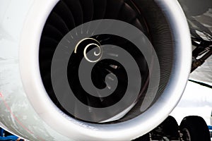 Airplane turbine. Motions blur. Engine blades propeller. Aaircraft jet engine. Close up. Aviation Technologies. Aircraft jet black