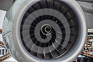 Airplane turbine. Snowing. Engine blades propeller. Aaircraft jet engine. Close up. Aviation Technologies. Aircraft jet black