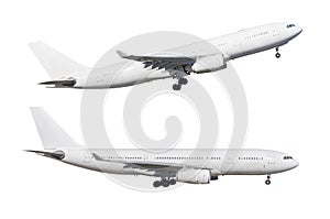 Airplane in two configurations, taxiing and take off isolated on white background.