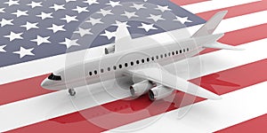 Airplane on USA flag background, view from above. 3d illustration