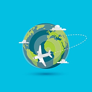 Airplane vector earth world globe icon. Plane flying round travel concept